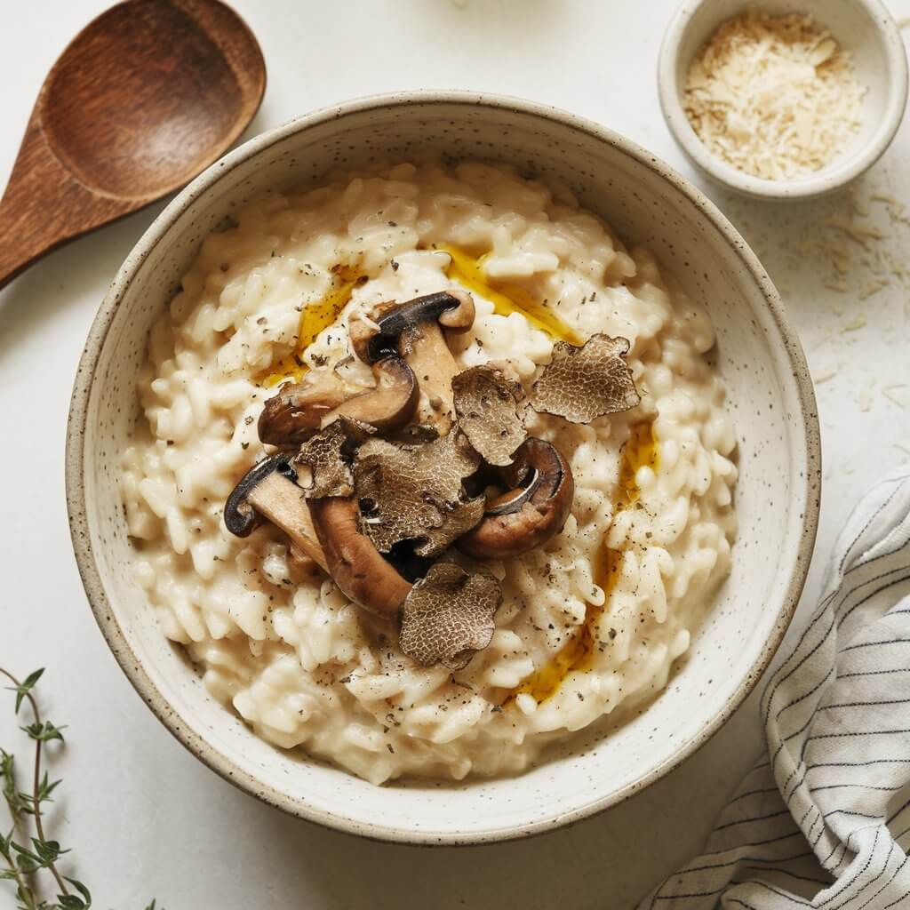 A photo of a creamy coconut milk risotto served in a deep white ceramic bowl. The risotto is garnished with sautéed mushrooms and a drizzle of truffle oil. The bowl sits on a bright white kitchen countertop. A wooden spoon and a small bowl of grated parmesan cheese are nearby. A scattering of fresh thyme leaves adds a rustic touch.