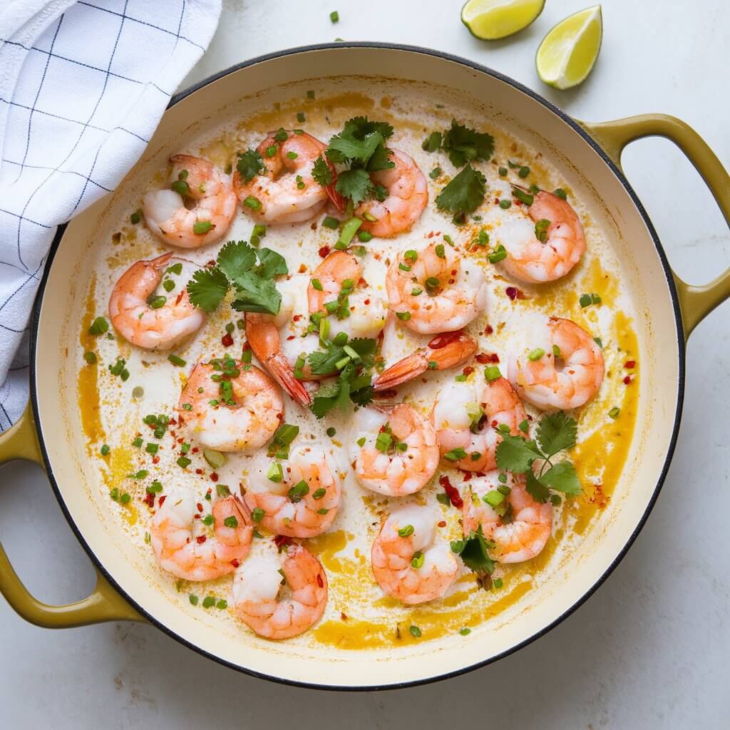 A photo of a large brown enamel cast-iron skillet with two handles, containing a vibrant, appetizing dish of shrimp in coconut milk sauce. The creamy sauce is light yellow, with visible flecks of tiny chopped green herbs and red chili flakes scattered throughout, adding a spicy and aromatic touch. The shrimp are pink, perfectly cooked, and evenly distributed across the dish. Garnishes include freshly tiny chopped cilantro leaves and green onions, scattered which add a pop of freshness and contrast against the creamy background. On the upper left, a white kitchen towel with a faint grid pattern is partially visible, and on the upper right, lime wedges are placed on the surface, ready to be used for extra garnish or flavor. The dish radiates warmth, and the skillet sits on a white countertop that provides a subtle contrast, highlighting the vibrant colors of the food.