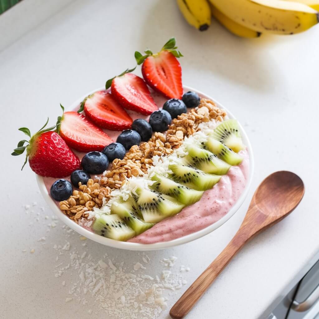 A photo of a vibrant coconut milk smoothie bowl on a bright white kitchen countertop. The bowl is decorated with rows of sliced strawberries, blueberries, kiwi, and granola. A sprinkle of shredded coconut adds texture. A wooden spoon is casually placed beside the bowl. The backdrop includes a small bunch of bananas for a tropical vibe.