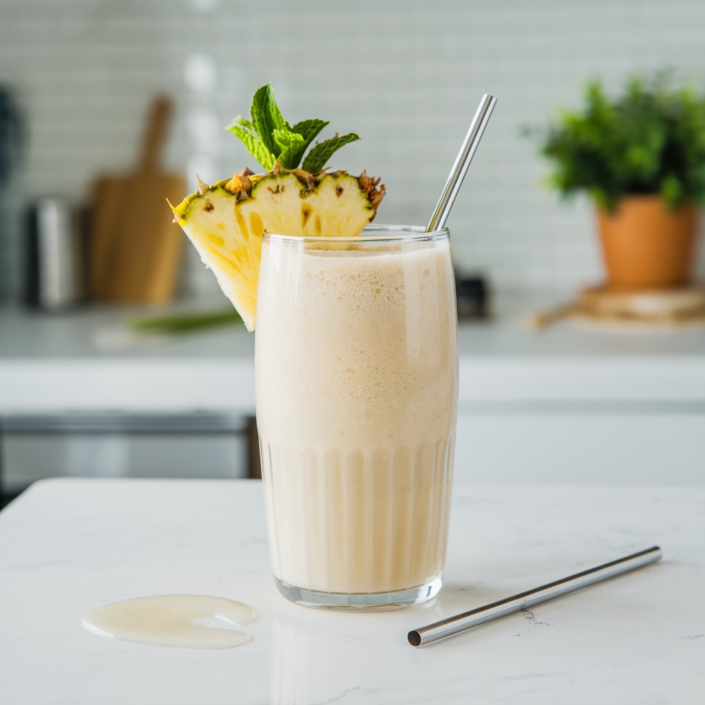 A tall glass of vibrant coconut milk smoothie placed on a bright white kitchen countertop. The smoothie has a creamy texture and a light beige colour. It is garnished with a slice of fresh pineapple and a mint leaf. A metal straw and a small puddle of condensation are placed next to the glass. The background contains a few kitchen utensils and a plant.