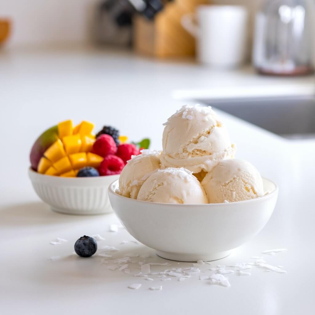 A photo of a white bowl of coconut milk sorbet scoops on a bright white kitchen countertop. The sorbet is topped with tiny coconut flakes. A small bowl of fresh fruit, including mango and berries, is placed beside the main bowl. The fruit adds vibrant pops of color to the tropical dessert. The background is clean and simple, with a few other kitchen items visible.