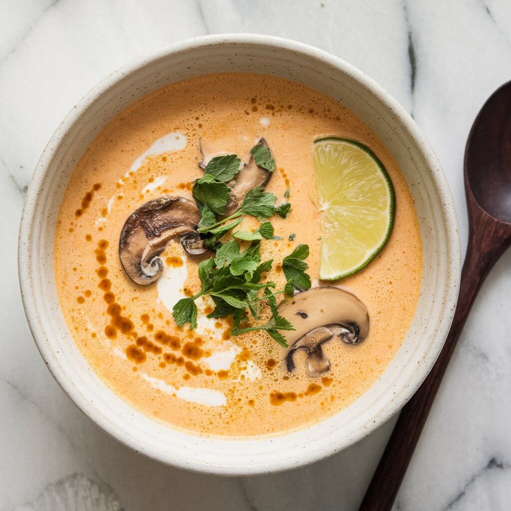 A photo of a creamy Thai coconut mushroom soup in a white ceramic bowl. The soup has an orange hue and is garnished with chopped fresh herbs and a lime wedge. The bowl is placed on a white marble surface. To the right of the bowl, there is a dark wooden spoon partially visible.