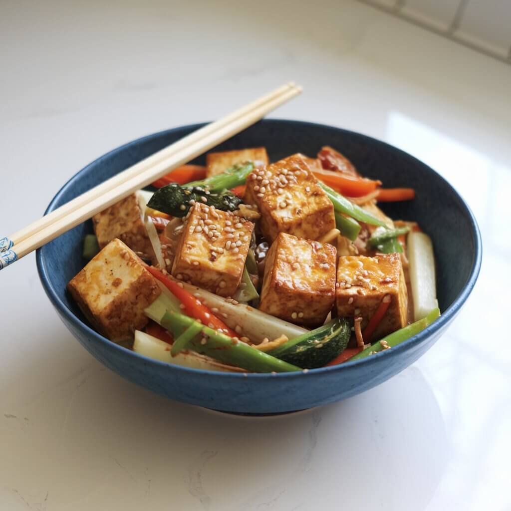 A photo of a vibrant bowl of stir-fry with cubes of golden brown tofu, crisp vegetables, and a rich coconut milk sauce. The bowl is placed on a bright white kitchen countertop. Chopsticks rest on the edge of the bowl. A scattering of sesame seeds adds texture and appeal to the dish.