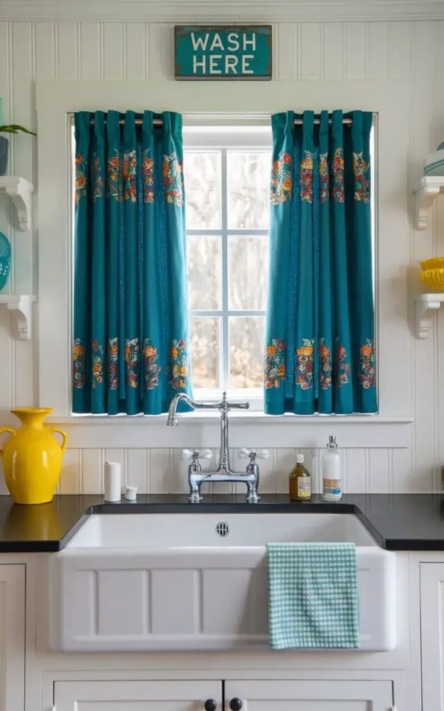 A photo of a lively farmhouse kitchen sink with a traditional apron-front design, accented by a chrome faucet. Above the kitchen sink, there is a bold colorful kitchen window with teal curtains that have intricate embroidered patterns. The walls are white and have beadboard. There are pops of yellow decor in the form of a vase and a sign that says "Wash here". The overall atmosphere is cheerful and inviting.