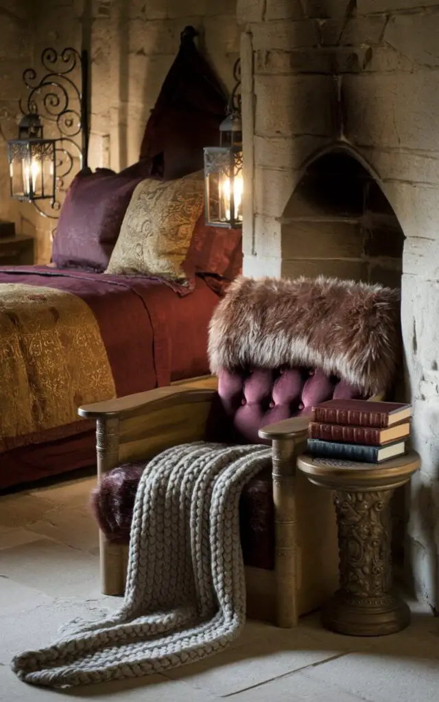 A photo of a medieval bedroom with a cozy bed and a charming reading nook. The nook features a low wooden chair with a plush, fur-lined cushion, a small carved side table, and a stack of leather-bound books. A thick wool throw hangs over the chair for extra comfort. The bed, adorned with burgundy and gold bedding, is positioned near the nook, with a stone fireplace nearby to provide warmth. Wrought iron lanterns cast a soft glow, creating an intimate atmosphere.