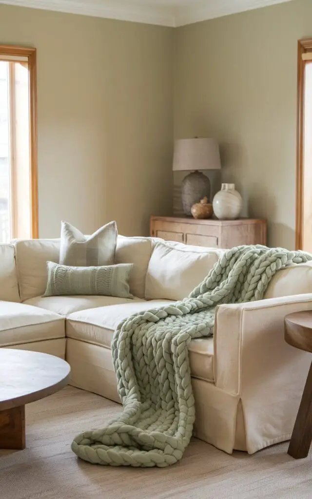 A photo of a warm and inviting sage green living room with a very cozy cream-colored sectional sofa covered in sage green throw and blanket. The blanket vary in texture, from chunky knit to soft fleece, adding layers of comfort. The coffee table is round. The walls are painted in a pale sage tone, complemented by wooden furniture and a neutral rug.