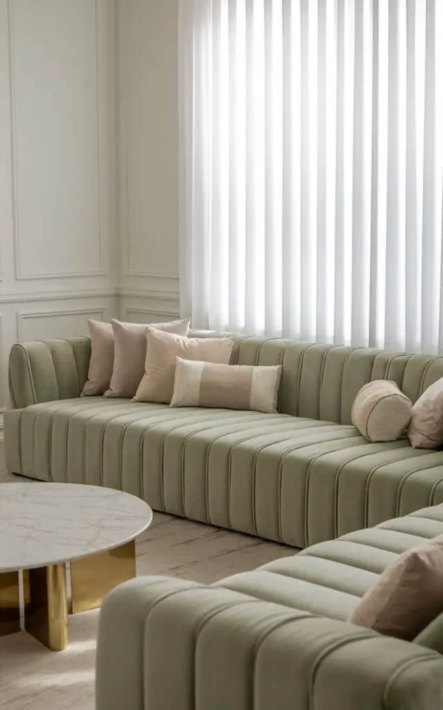 A photo of a modern sage green living room. The room has crisp white walls and a plush sage green sofa. The sofa is adorned with soft white throw pillows. A marble round coffee table with gold accents is placed in front of the sofa. Sheer white curtains are hung near the window, letting in natural light.