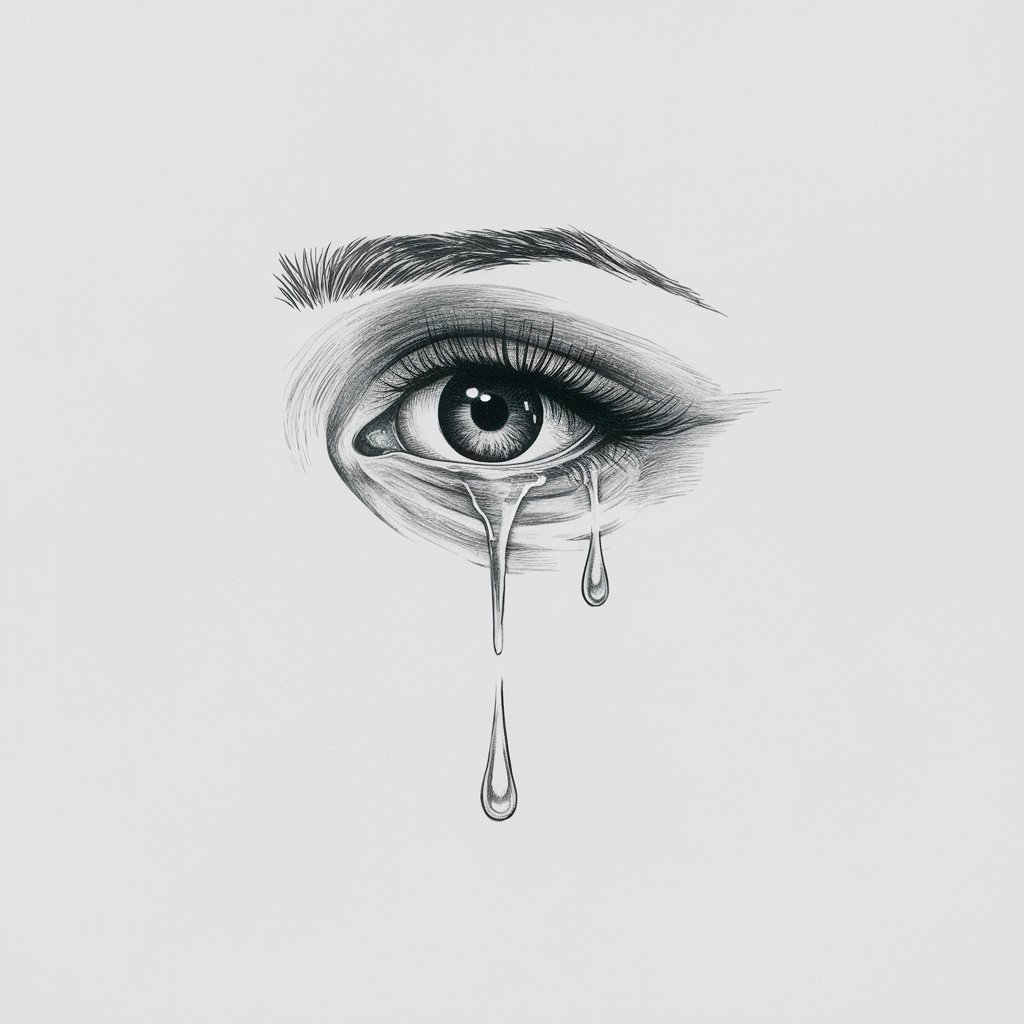 A minimalist, plain white background pencil drawing illustration of a tear streaming down from a glistening eye. The eye is open wide, with light shading on the eyelid and a reflective tear drop near the cheek. The piece is drawn in a simplistic style, focusing on emotion rather than intricate details.