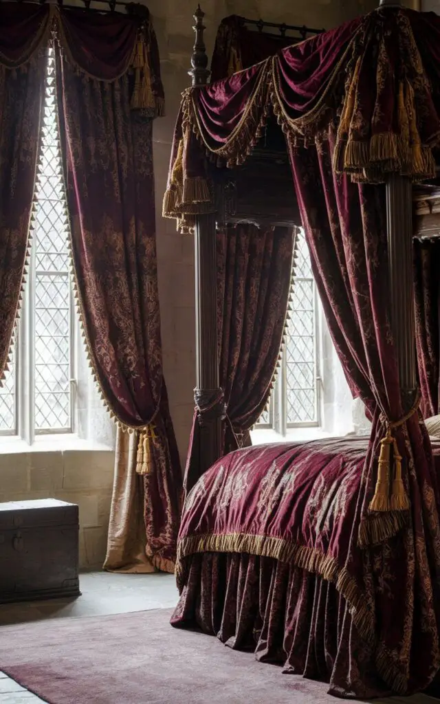 A photo of a medieval bedroom with a cozy bed. The window has rich, ornate window curtains. The heavy drapes, made of deep burgundy velvet with gold embroidery, frame tall windows and a wooden four-poster bed. The bed is layered with matching bedding and thick, gold-fringed throws. The curtains are tied back with golden tassels, allowing soft light to illuminate the dark wood furniture and stone walls. A plush rug and an antique chest complete the regal look.