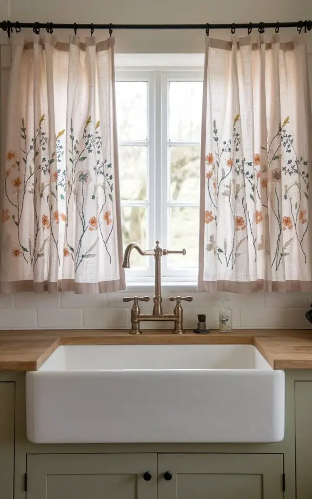 A photo of a farmhouse kitchen with a bespoke sink and an oil-rubbed bronze faucet. Above the sink, there is a window with custom-made kitchen window curtains. The curtains have a hand-embroidered botanical design in soft pastel tones. The curtains are perfectly tailored to the window's dimensions.