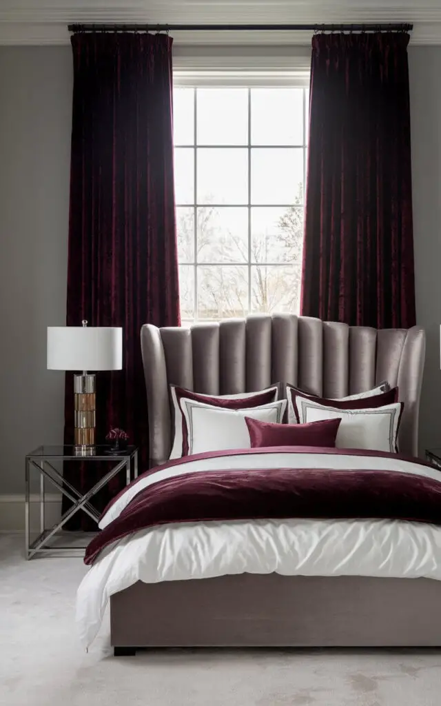 A photo of a dramatic bedroom with a large window. The window has deep burgundy hue blackout curtains. The curtains frame the window and their rich color contrasts beautifully with the light gray walls. In front of the window stands a very cozy upholstered bed with a luxurious wingback headboard in soft gray velvet. The bed is styled with white and burgundy bedding for a coordinated look. A glass nightstand with a metallic base and a tall table lamp add a glamorous touch.