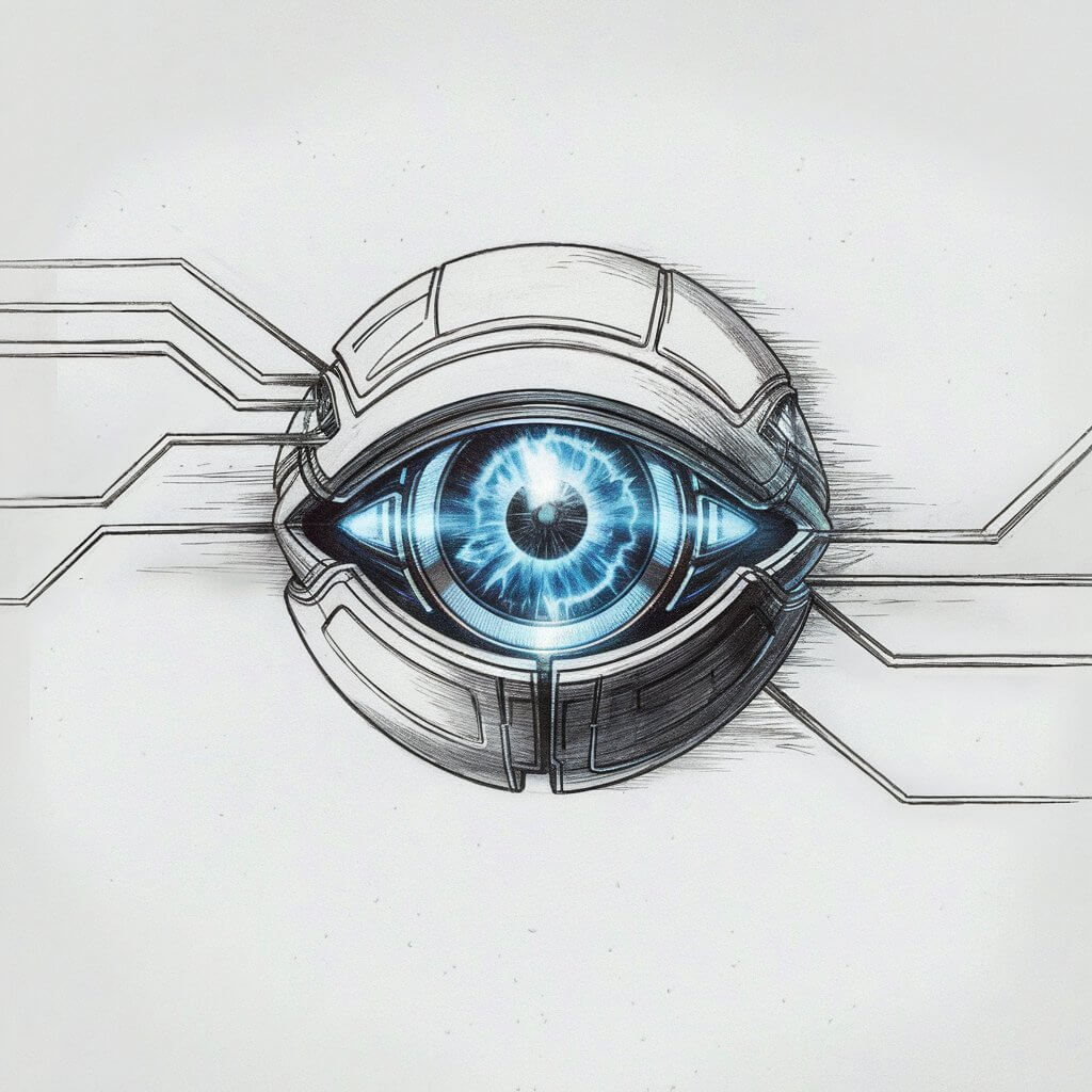 A pencil drawing of a futuristic, robotic eye with a glowing blue iris, surrounded by metallic elements. Thin, circuit-like lines extend from the eye outward. The illustration is drawn in a simplistic style, highlighting technological themes with clean precision. The background is plain white.