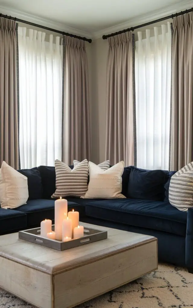 A photo of a versatile living room with double rods showcasing white sheer curtains layered with heavy taupe drapes. There is a cozy navy-blue sectional sofa styled with cream and navy throw pillows. A square wooden coffee table holds a tray of lit candles.