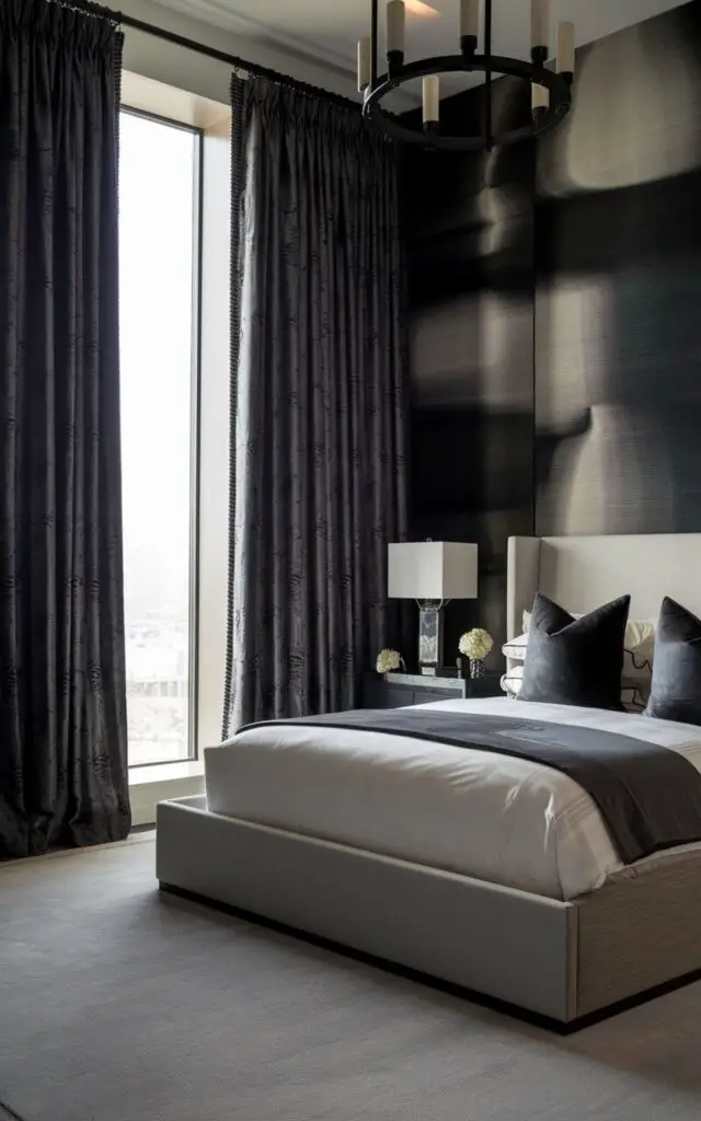 A photo of a dramatic bedroom with luxurious floor-to-ceiling charcoal gray curtains cascading from an extra-high black rod. The curtains frame a large picture window. A cozy bed with a soft gray upholstered frame and crisp white bedding is accented with dark gray throw pillows. A modern chandelier, sleek black nightstands, and moody wall art heighten the sense of grandeur.