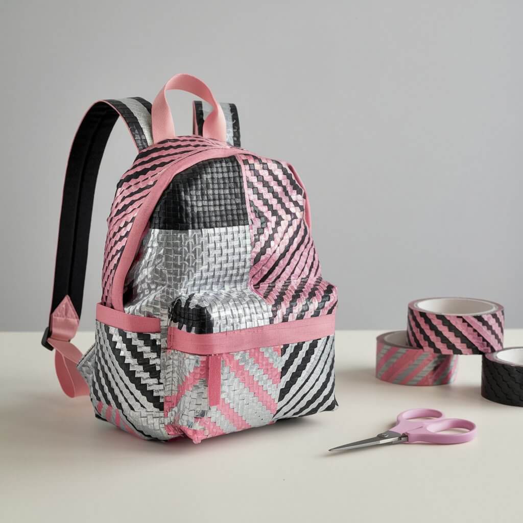 A photo of a backpack made entirely from duct tape. The backpack is small and has a patchwork design in pink, silver, and black. The bag has two functional straps and a front pocket. The backpack is displayed upright on a plain white table. There is a pair of scissors and rolls of duct tape in matching colors next to the table.