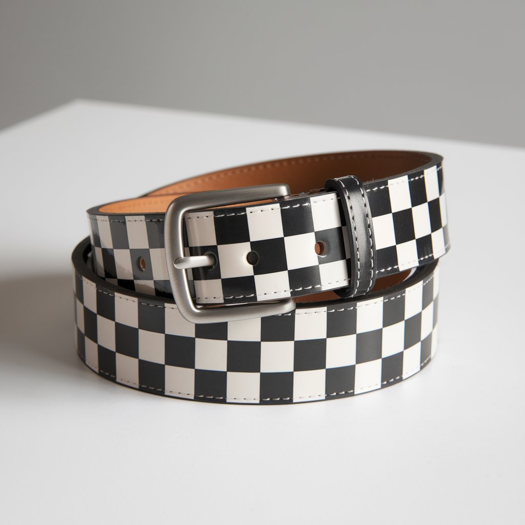 A photo of a homemade duct tape belt with a checkerboard pattern in black and white. The belt has a glossy finish and features a sleek silver buckle. The belt is neatly trimmed with clean edges, and the holes are evenly spaced for a professional look. The belt is carefully coiled and placed on a plain white table, with the contrasting background emphasizing the bold pattern and refined craftsmanship.