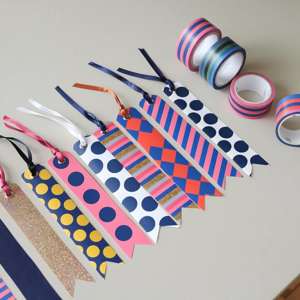 A photo of a collection of duct tape bookmarks in bold patterns like polka dots, stripes, and glittery finishes. Each bookmark has a ribbon or tassel attached for easy use. They are neatly lined up on a plain white table. Rolls of matching patterned duct tape are placed nearby, with one roll partially unrolled to reveal the tape's pattern.