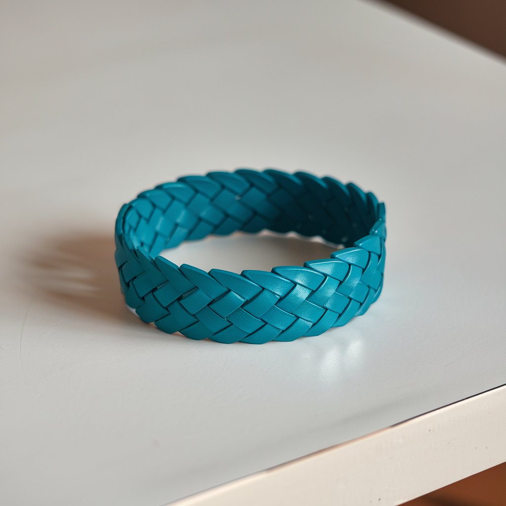 A photo of a handmade bracelet on a plain white table. The bracelet is crafted from teal-colored material, possibly duct tape or similar. It features a braided or woven pattern, creating a textured, intricate design. The bracelet's color is bright and shiny, reflecting light slightly to indicate the material's smooth and flexible surface.