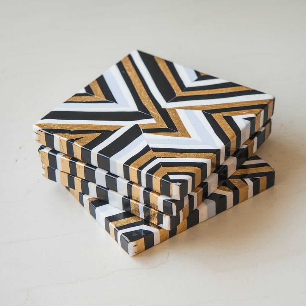 A photo of a stack of homemade duct tape coasters. The coasters are square-shaped and feature intricate chevron and striped patterns in shades of black, white, and gold. The coasters have smooth, seamless edges and a glossy finish. They are placed on a plain white table, and the patterns and high-quality craftsmanship are clearly visible.