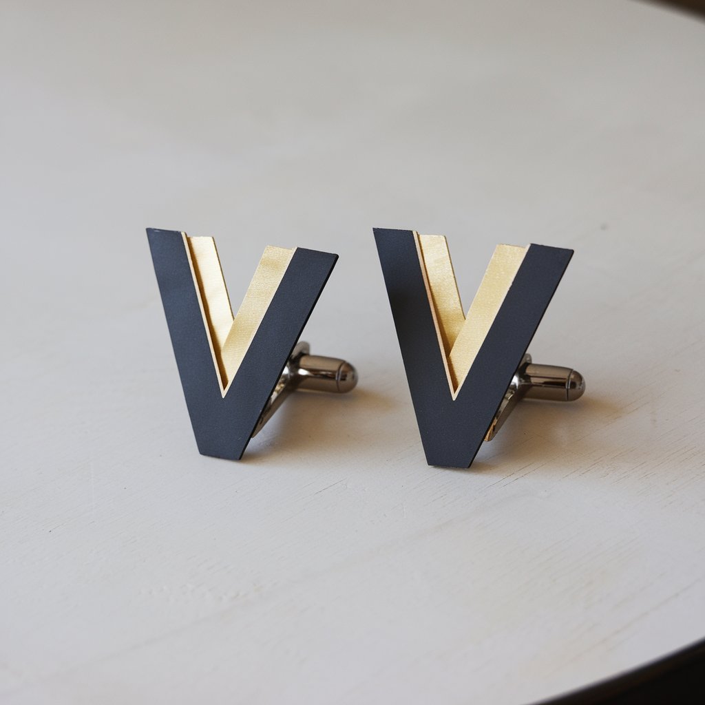 A photo of a pair of homemade duct tape cufflinks with a sleek and modern design in black and gold. The cufflinks are placed side by side on a plain white table. The background is minimalistic.