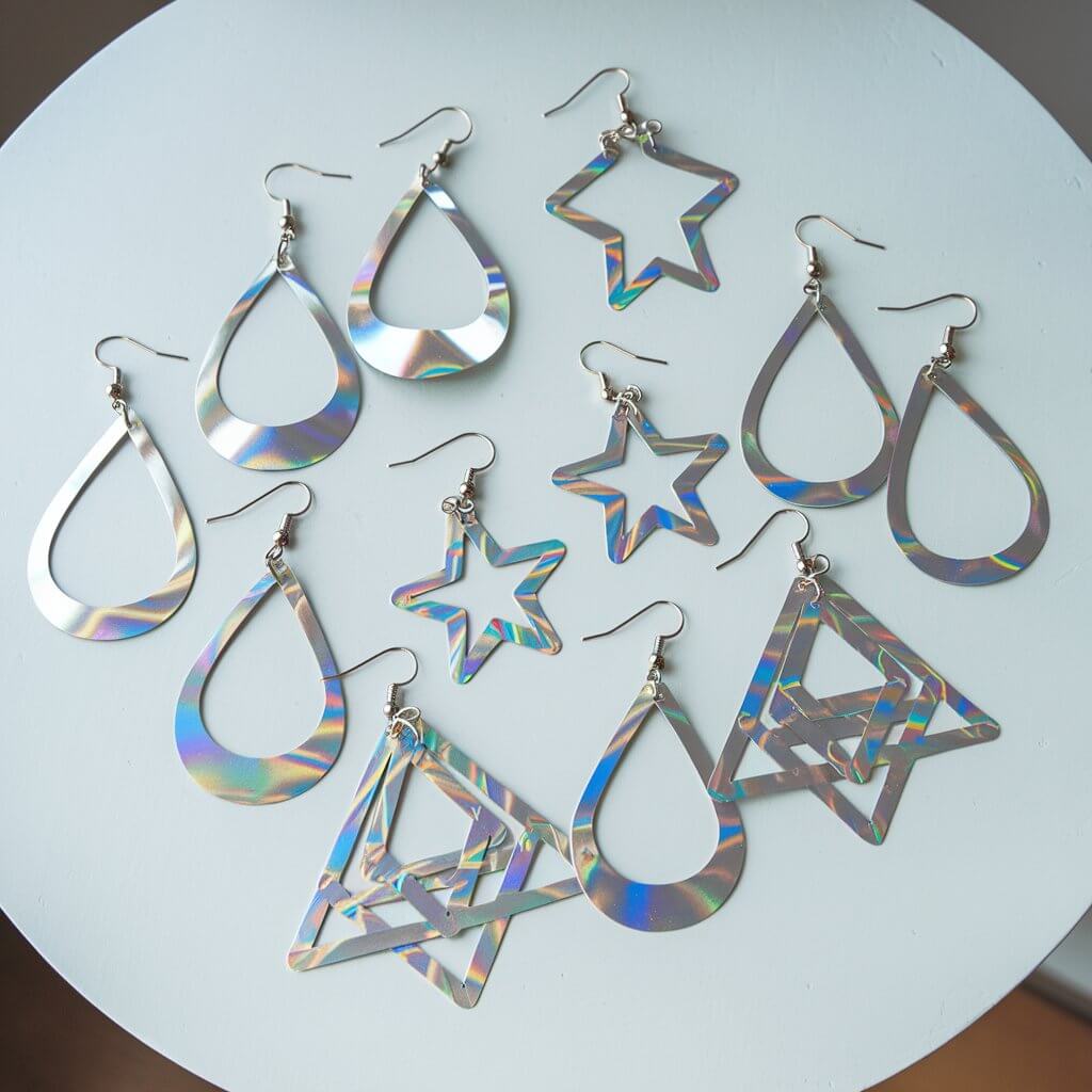 A set of homemade duct tape earrings in various shapes, including teardrops, stars, and geometric triangles. The earrings are made from metallic silver and holographic duct tape. Each earring is lightweight and hangs from a delicate metal hook. The earrings are carefully arranged on a plain white table. The reflective surfaces and intricate shapes catch the light, creating a striking and fashionable display.