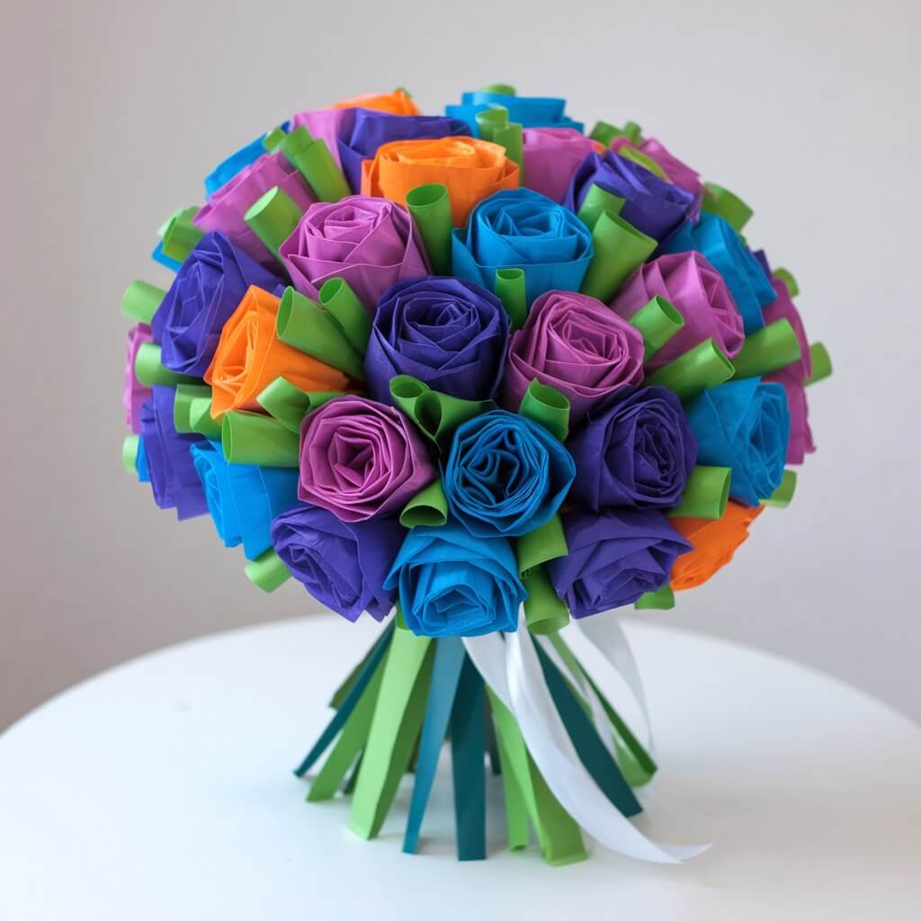 A bouquet of multicolored duct tape flowers with vivid blue, pink, and purple petals, and green duct tape stems. The bouquet is tied together with a white ribbon and placed on a plain white table.