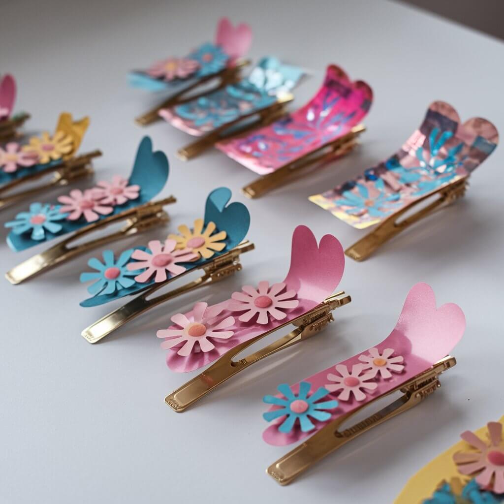 A photo of a set of homemade thin duct tape hair clips on a white table. The hair clips feature colorful shiny duct tape thin paper hearts and floral designs in shades of pink, blue, and yellow. The duct tape is stuck on a thin paper. The accessories are neatly arranged on the table, their vibrant colors and intricate detailing creating a lively visual display against the minimalist background.