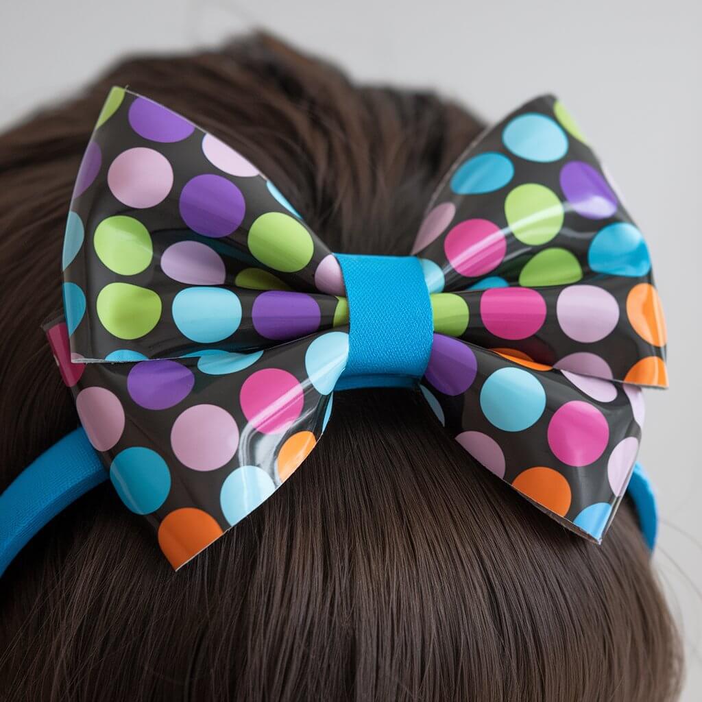 A photo of a close-up of a handmade bow made from duct tape, positioned atop a person's head, suggesting it's being used as a hair accessory. The bow is constructed with a glossy material that features a colorful polka dot pattern. The polka dots are vibrant and multi-colored, including shades of purple, green, blue, pink, orange, and white, set against a black background, creating a playful and bold design. The center of the bow is secured with a strip of solid blue duct tape, which cinches the middle to create the classic bow shape with two symmetrical loops and neatly folded ends. The bow is attached to a wider strip of blue duct tape that appears to function as a headband, holding the bow in place over dark brown hair.