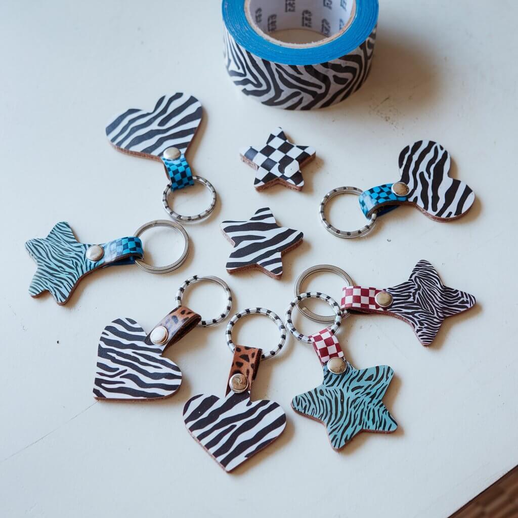 A photo of a plain white table with a roll of zebra-patterned duct tape. There are keychains made of duct tape in various shapes, including hearts, stars, and small rectangles. Each keychain is attached to a silver ring with patterns and animal prints.