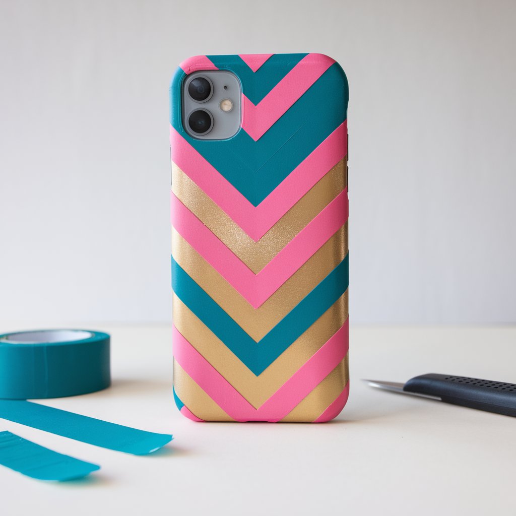 A photo of a vibrant chevron pattern duct tape phone case. The case is made of pink, teal, and gold duct tape and is designed in a bold chevron pattern. The case is shown upright with a smartphone partially inserted, demonstrating its snug fit. The edges of the case are cleanly sealed, showcasing the precision of the craft. A roll of teal duct tape and a crafting knife are placed beside the case on a plain white table.