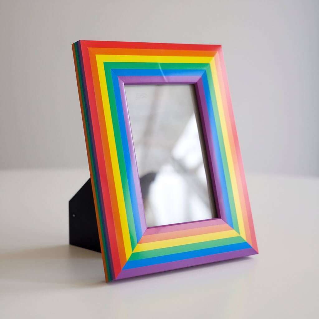 A photo of a homemade duct tape picture frame. The frame is in the shape of a rectangle and is made of rainbow-colored duct tape. The tape is striped and has a glossy surface. The frame has a clear opening for a photo. The frame is propped upright on a plain white table. The vivid colors and smooth finish create a cheerful and eye-catching display.