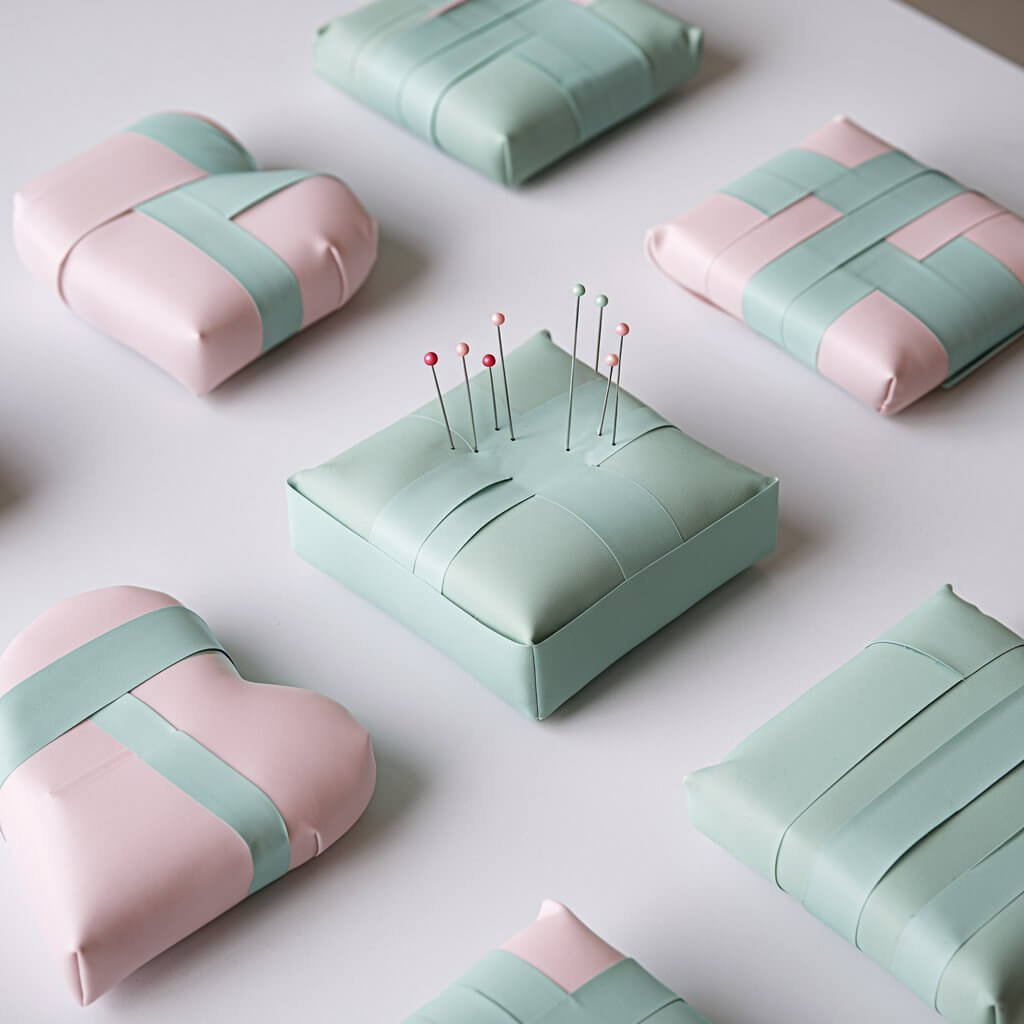 A photo of a plain white table with a neat arrangement of homemade duct tape pincushions in playful shapes. There is a heart-shaped pincushion in soft pastel pink duct tape and a square-shaped pincushion in mint green duct tape. Both pincushions are stuffed and provide a sturdy surface for holding pins and needles. The smooth surfaces and precise shapes of the cushions are clearly visible. The overall photo has a clean and simple background.