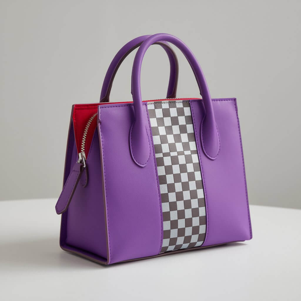 A photo of a stylish homemade duct tape purse in vibrant purple with a checkerboard accent pattern in silver. The purse has a structured shape, complete with handles and a functional zipper. Its seams are neatly finished, ensuring durability. The purse is placed upright on a plain white table, highlighting the bold colors and intricate detailing of the purse's design.