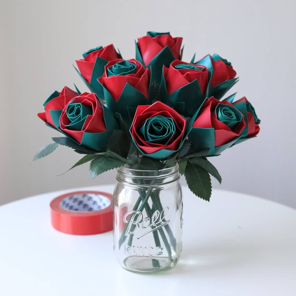 A bouquet of duct tape roses crafted with red and green duct tape, featuring detailed petals and stems. The roses are arranged in a simple mason jar vase, with a roll of red duct tape in the background. The entire arrangement is placed on a plain white table, giving a clean and polished look.