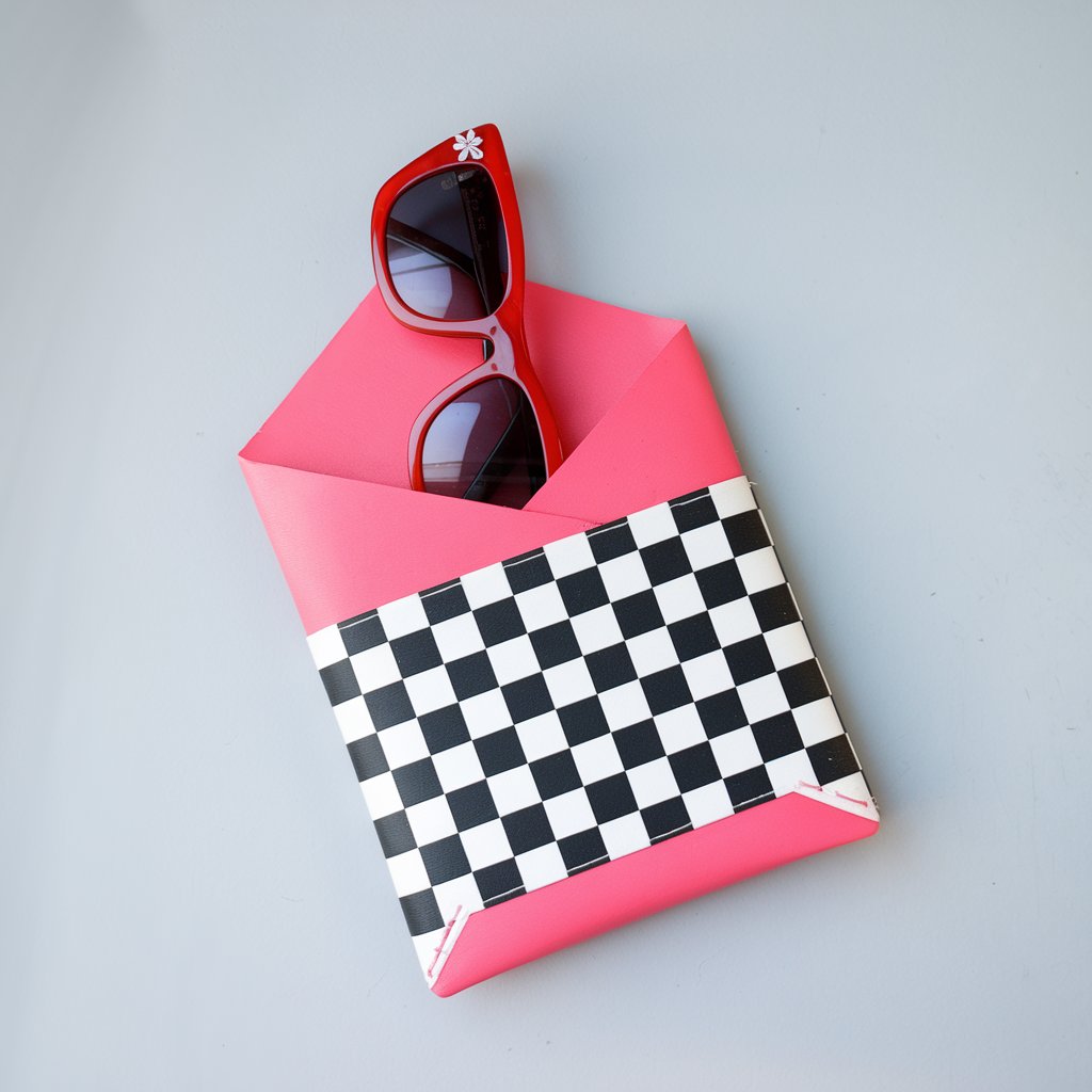 A DIY duct tape sunglasses pouch with a bright pink body and a black-and-white checkerboard pattern. The pouch has a neat, rectangular shape with slightly angled edges at the opening. A pair of red sunglasses with a retro look, featuring white embellishments on the corners of the frames, is partially inserted into the pouch. The background is a plain light gray surface.