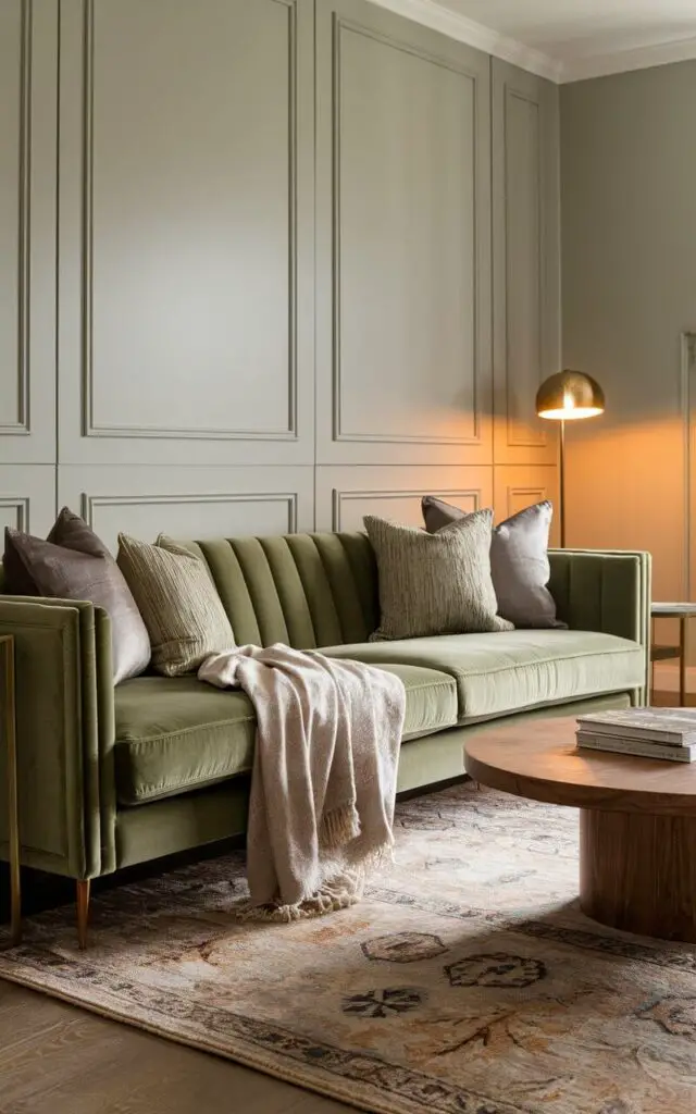 A chic sage green living room with a luxurious velvet sofa. The sofa is layered with textured throw pillows and a soft blanket, creating a cozy vibe. A round wooden coffee table sits at the center, paired with a patterned area rug. The room has light gray walls and brass-accented furniture. A modern floor lamp provides warm ambient lighting.