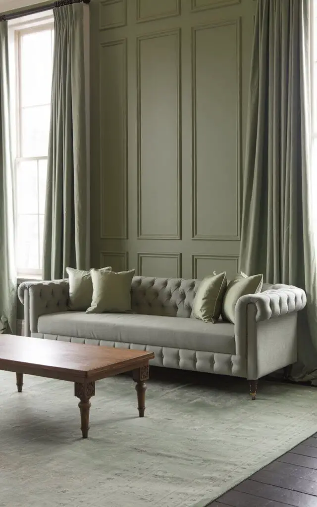 A photo of a sage green living room with classic wall paneling. The room features a gray tufted sofa adorned with sage green pillows. A wooden coffee table with carved details sits atop a Persian-style rug with subtle green undertones. Matching sage green curtains frame tall windows, adding a touch of elegance to the space.