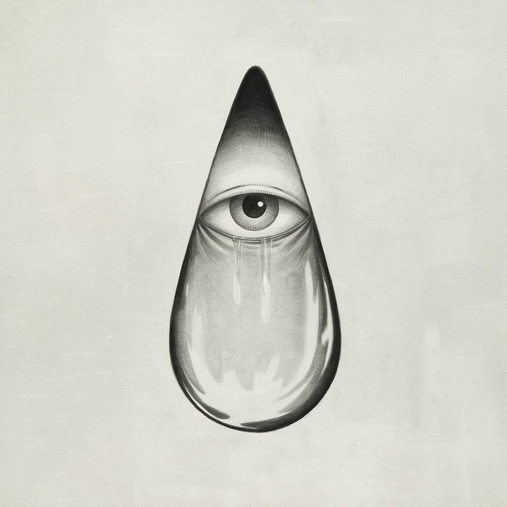 A minimalist, plain white background pencil drawing illustration of an eye enclosed within a single, oversized tear. The tear reflects light subtly, and the eye inside has a calm expression. Drawn in a simplistic style, it conveys a surreal and emotional tone.