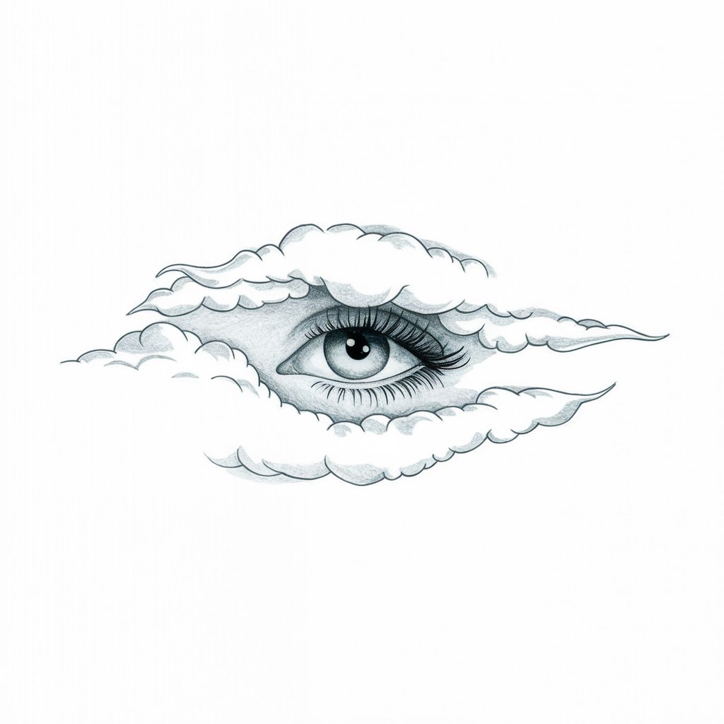 A minimalist, plain white background pencil drawing illustration of an eye nestled within soft, fluffy clouds. The iris has a pale sky-blue hue, and the lashes appear to fade into the surrounding cloud edges. Drawn in a simplistic style, it feels serene and dreamy.