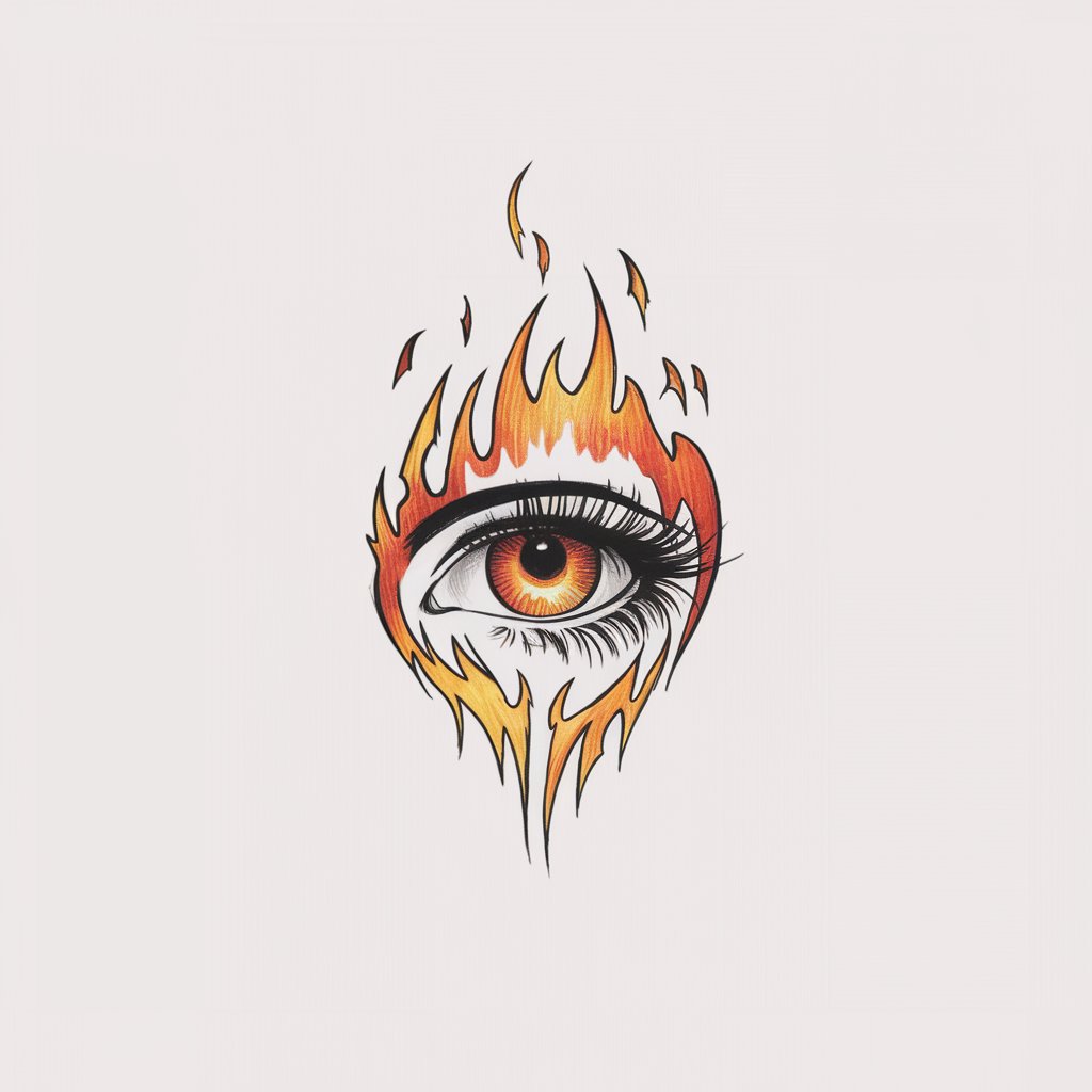 A minimalist, plain white background pencil drawing illustration of an eye surrounded by flickering flames. The iris glows orange and red, with the flames blending seamlessly into the lines of the lashes. Drawn in a simplistic style, it radiates intensity and power.