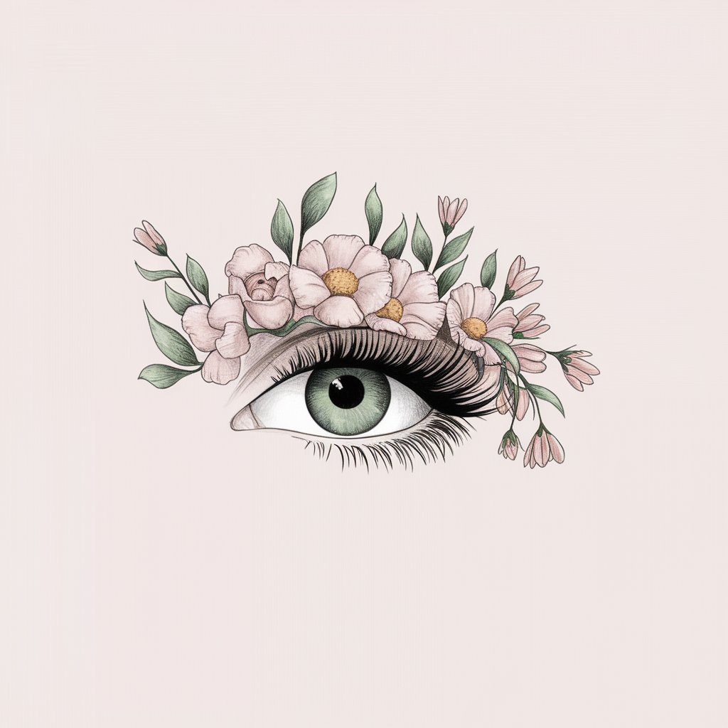 A minimalist pencil drawing illustration of an eye with blooming flowers replacing the lashes. The eye has a soft green iris. The flowers are in pastel shades and are blooming around the eye. The background is plain white. The illustration is drawn in a simplistic style, seamlessly merging beauty and nature.