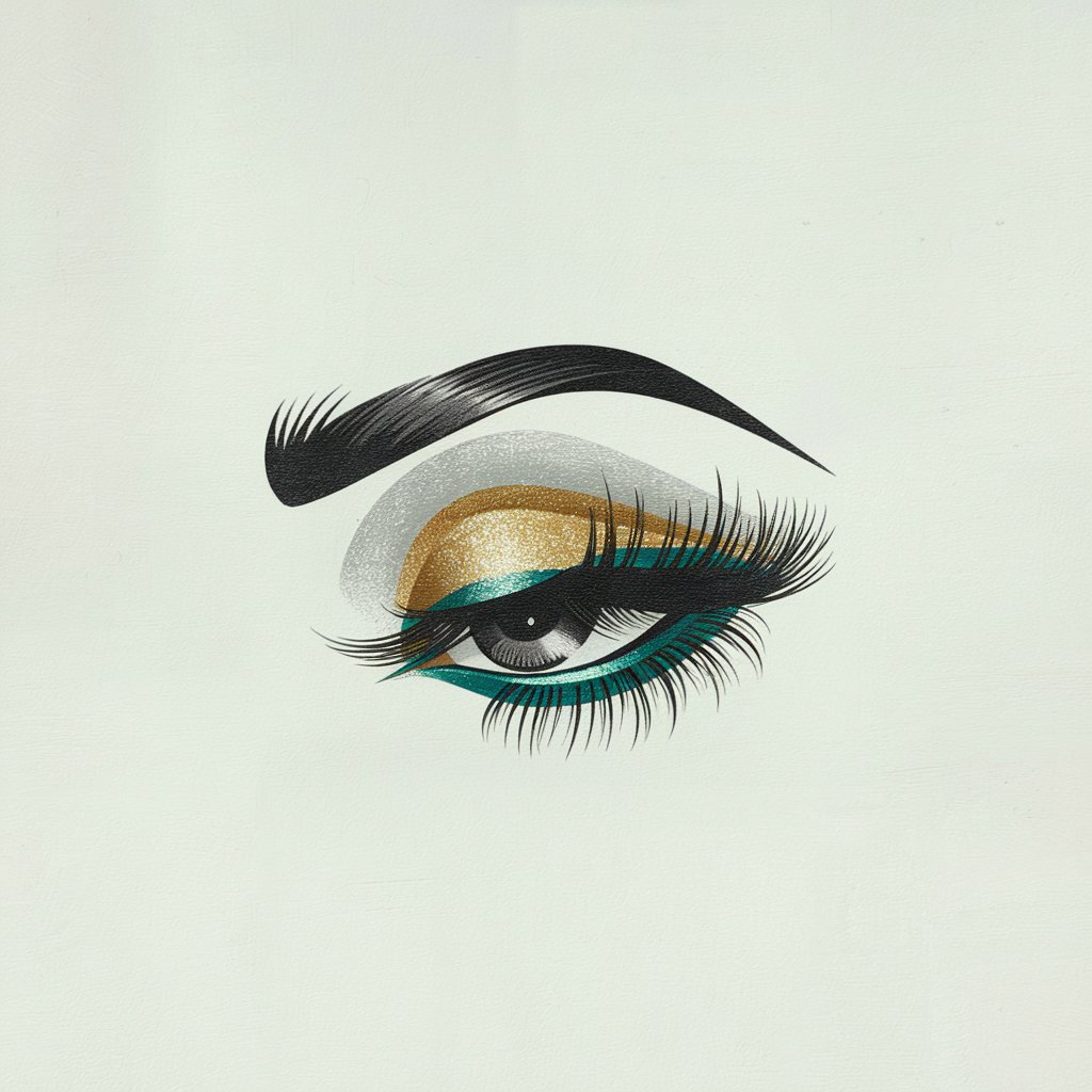 A minimalist, plain white background pencil drawing illustration of an eye adorned with vibrant, winged eyeliner and shimmering eyeshadow in shades of gold and teal. The lashes are long and voluminous. Drawn in a simplistic style, the design feels bold and glamorous.