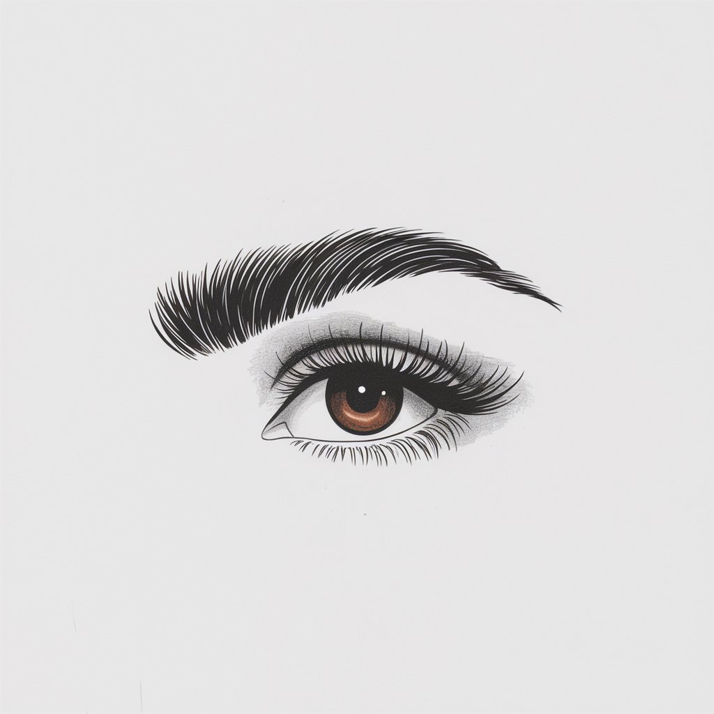 A minimalist, plain white background pencil drawing illustration of an eye framed by a dramatic, thick eyebrow. The iris is deep brown, and the lashes are sparse. The bold eyebrow is the centerpiece of the illustration. Drawn in a simplistic style, it highlights the power of expressions.