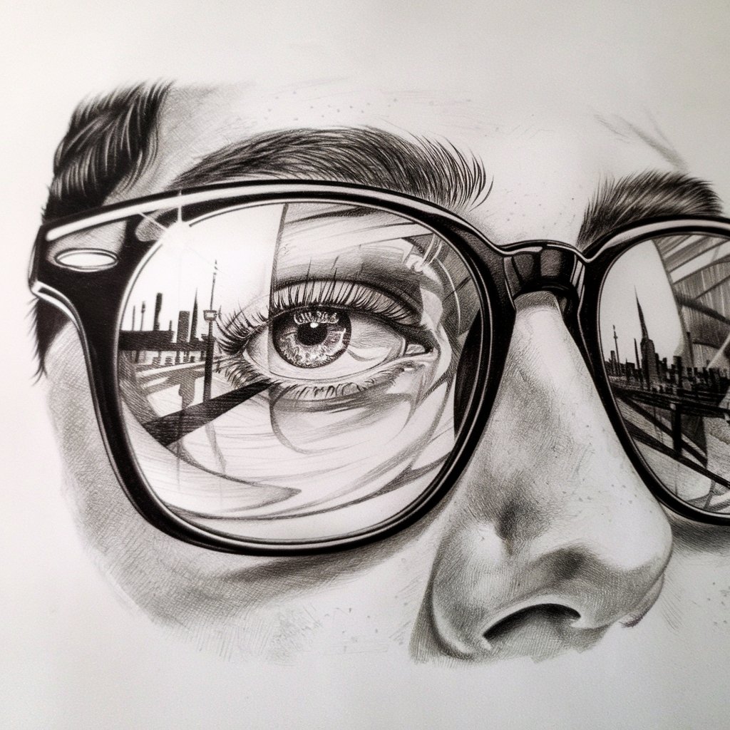 A close-up pencil drawing of a person's face wearing stylish eyeglasses. The focus is on the reflection in the lenses, which reveals a strikingly detailed eye with a unique distortion caused by the curve of the glasses. Light glints off the lenses, creating a dynamic play of highlights and shadows. The eye appears to be focusing on an intriguing scene in the distance, perhaps a cityscape. The glasses' frame adds subtle personality, while the interplay of reflections, distortions, and ambient light creates a sense of depth and mystery, making the artwork feel alive and narrative-driven. The artwork is placed on a plain white background.