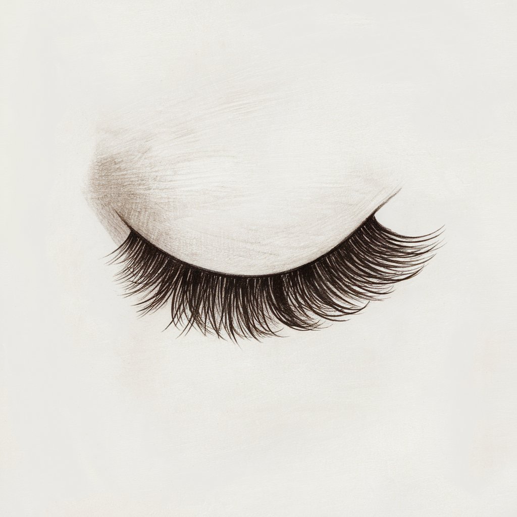 A minimalist, plain white background pencil drawing illustration of a close-up view of eyelashes curving gracefully over a softly shaded eye. The details focus on the texture and length of the lashes. Drawn in a simplistic style, it highlights the beauty in the details.