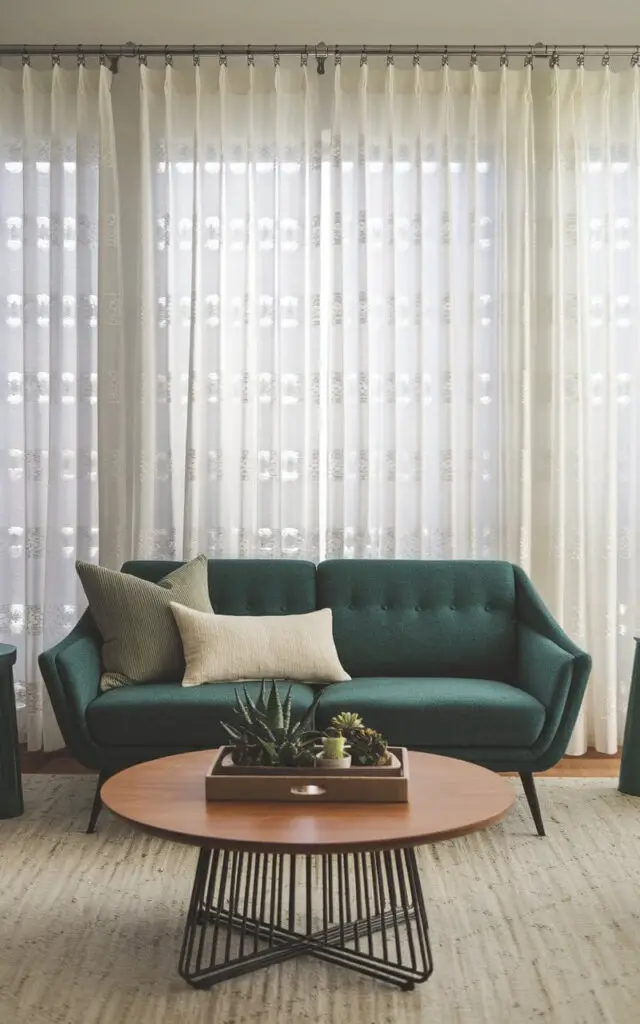 A photo of a modern living room with crisp white eyelet curtains hanging symmetrically on a sleek steel rod. There is a very cozy mid-century modern sofa in a deep teal fabric adorned with minimalist cushions. A round coffee table with a wood top and black metal base holds a tray of succulents and books.