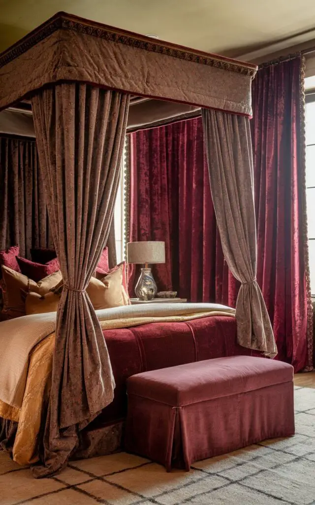 A photo of a medieval bedroom with a cozy bed dressed in layered fabrics, including deep red velvet, golden silk, and soft linen. The bed has an ornate canopy draped with heavy, textured curtains that can be drawn for privacy. Multiple throw pillows in varying sizes and fabrics create depth and comfort. A matching upholstered bench sits at the foot of the bed, while a wool area rug adds warmth to the wooden floor. Heavy velvet curtains frame the windows, completing the luxurious look.