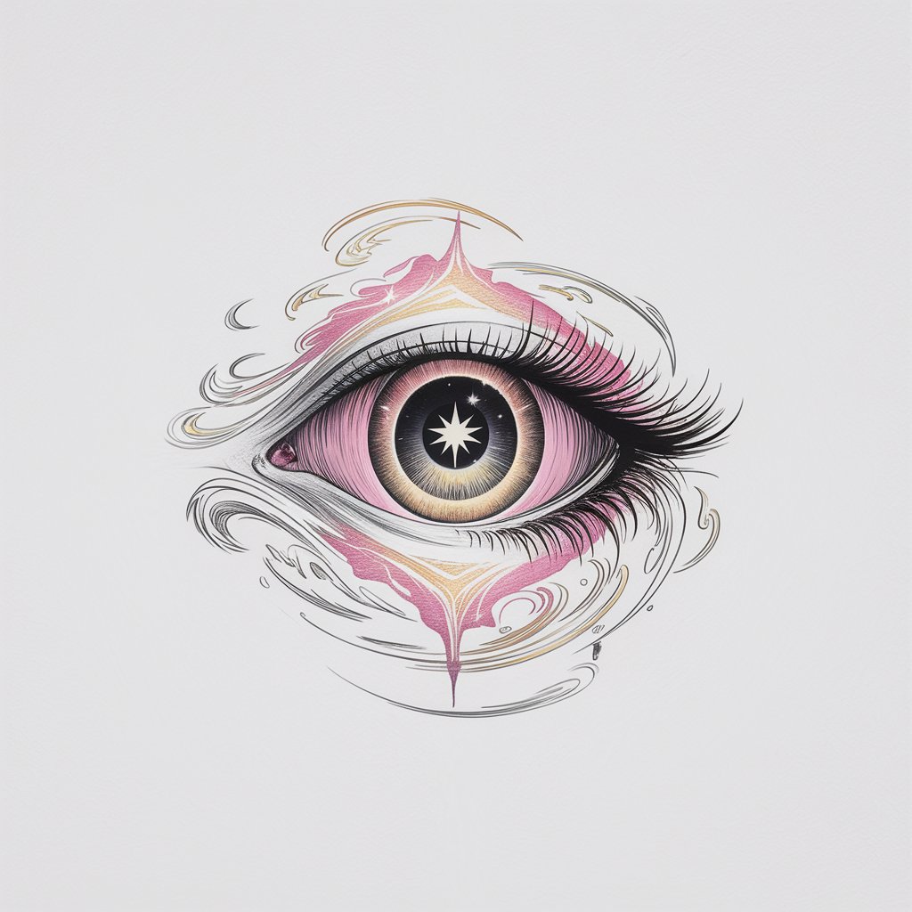 A minimalist, plain white background pencil drawing illustration of a mystical eye with a glowing iris that radiates soft pink and gold hues. The pupil is star-shaped, surrounded by swirling patterns resembling magical energy. Drawn in a simplistic style, the focus is on creativity and wonder.