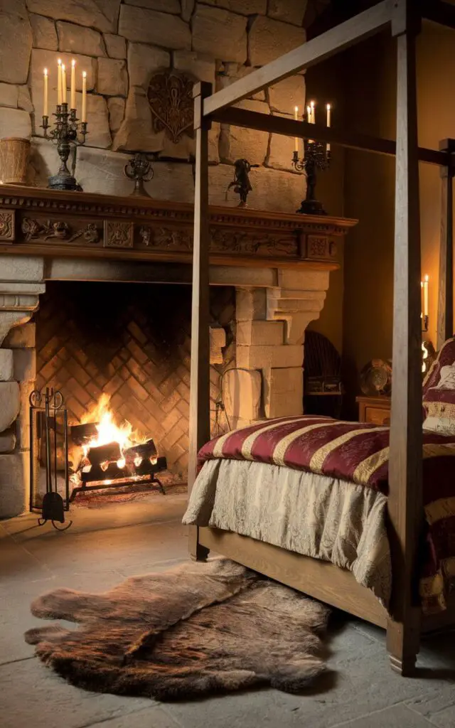 A photo of a medieval bedroom with a cozy bed positioned near a large stone fireplace. The fireplace has a grand wooden mantel with ornate carvings and is decorated with candelabras and medieval artifacts. The bed, layered with burgundy and gold bedding, is framed by heavy wooden posts. A thick fur rug lies in front of the roaring fire, creating a warm, inviting atmosphere that exudes medieval charm.