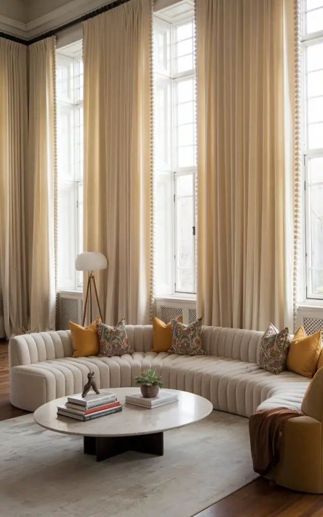 A grand living room with ceiling-height cream curtains framing tall windows. A very cozy sectional sofa in a pale gray anchors the space, adorned with colorful patterned cushions. A round marble coffee table holds a stack of books and a small potted plant, while a mid-century modern floor lamp stands nearby. The curtains elegantly pool onto the rich wooden floors.